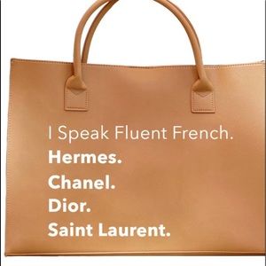 Large vegan leather tote bags with designer brand names listed.